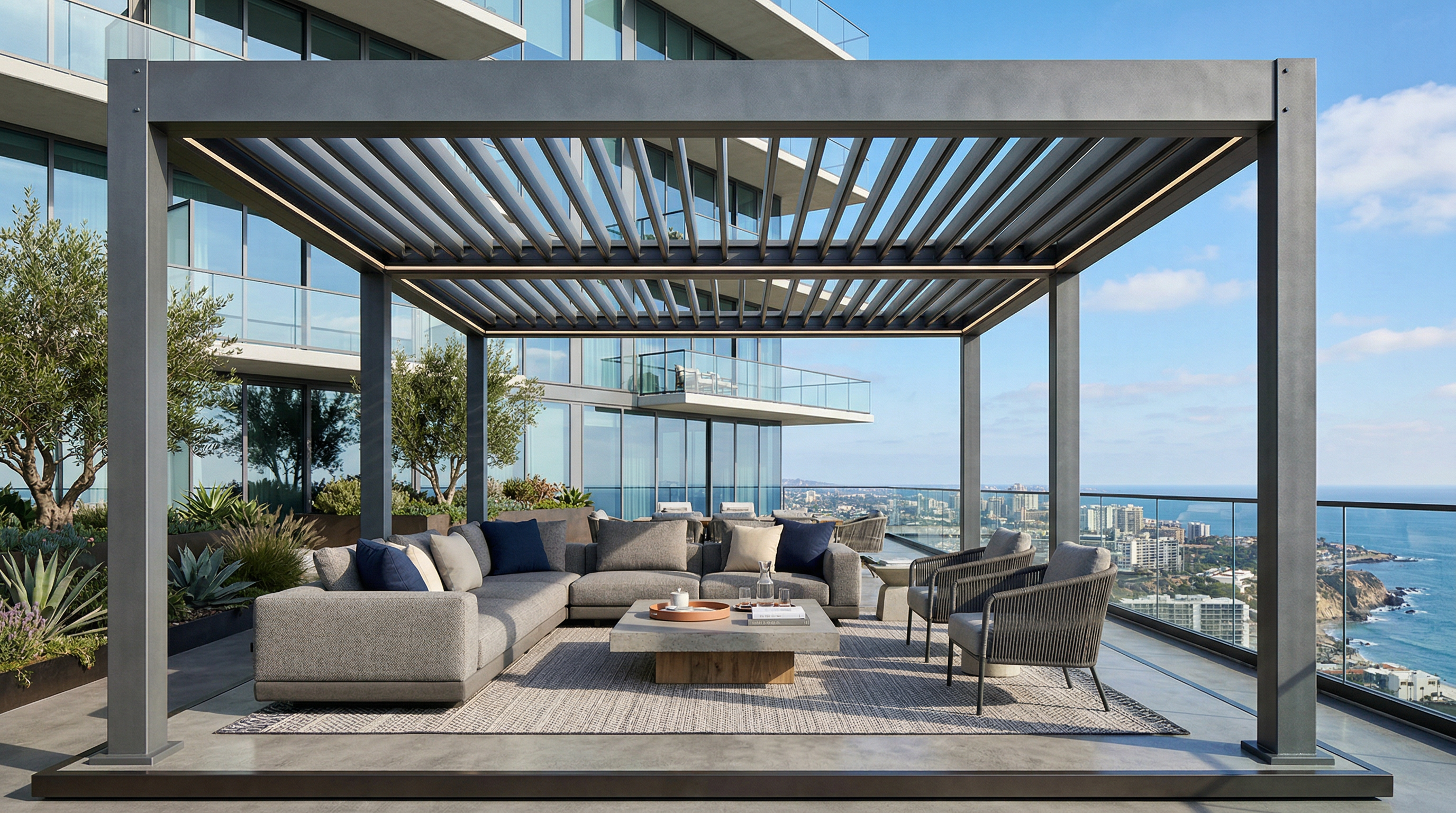 Pergolados em aço e madeira